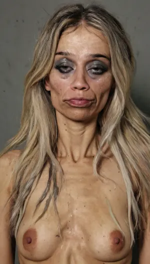 Photorealistic, high-resolution, detailed, photographed Streets of New York, homeless encampment, wide-angle shot, (Blowjob), She held my 10-inch penis in front of her face with her hand.
She is a skinny, 40-year-old crack whore, her name is "cracko" prominent cheekbones, (smudged makeup), (unkempt and ugly body), (impure skin with age spots), (messy long dark blonde hair with grey streaks), (ugly face), and, (absolutely saggy, drooping small breasts), .