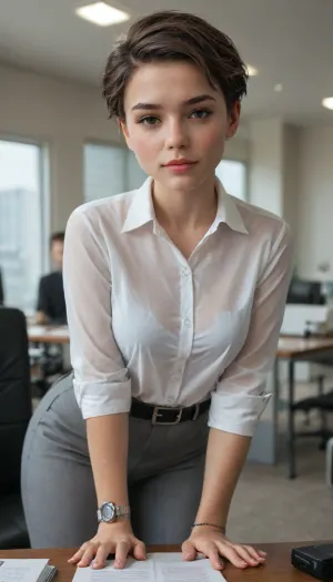Surreal Office environment, excellent office lighting, tomboyish girl, white button shirt, thin translucent clothes, desirable body, grey office pants, thin fashionable belt, expensive watch, youthful face, short pixie hairstyle, adorable handsome face, alluring, suggestive pose, Doggystyle