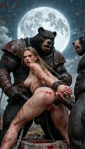 by Luis Royo, 4k, 8k, best quality, masterpiece, ultra highres, extremely detailed, absurdres, HDR, . award-winning, professional, highly detailed, Medium shot Photo of the grinch. It's a cinematic live action photography with cinematic and soft lighting. The photo was shot on a DSLR, Canon EOS D5 IV, large pointy breasts, (small nipples), (angry:1.7), (mascara tears), (wide eyes:1.2), ripped clothes, amazon, giant, fur barbarian armor, bloody, blood spatter, bear, bear heart, (in a bloody filed after a battle, white full moon in the sky:1.4), ((analrape spitroast)), ((large cock in mouth:1.12)), (cum explosion from mouth:1.125), shocked, deep anal penetration, (man is choking her from behind:1.2), cinematic_lighting, blush, ((gangbang_rape, doubleanal_rape, arms_behind_head, nsfw:1.24)), ((hogtied, bound with large chains, tied to a torture van:1.3)), (wide mouth spreader:1.24), (Torture, defiling, sadism:1.18), cock in mouth, (brutal face fuck), Blowjob, (tears in eyes:1.5), (running makeup), (cum drips from nose:1.3), ultra hd, photorealistic, hyper gigantic large black cock in mouth, (((hyper gigantic large black cock in mouth:1.12))), oral cream pie, hair grab, sad, sad crying, tongue out, gasping for air, gangbang, double anal penetration, anal spitroast, groupsex, deepthroat, (4 gigantic African black brute thug, huge trunklike arms, huge head, hyper muscular body, dressed in slave clothes:1.32), ((hogtied, bound for sex, tied up)), (eyes wide open in horror:1.72), (wide mouth spreader:1.8), (pleading expression:1.56), (terrified:1.48), (crying:1.48), (fear and panic:1.56), (hands pulling nipples hyper hard:1.12), nipple clamps, Uber realistic, ultra detailed, arched back, detailxl, 35mm photograph, film, 1girl, 5 boys, hdr, photographic, ultra realistic, ultra high details, back light, gargantuan black cocks, anal sex expansion, large hyper muscular fat old men, (double anal sex), swollen white veiny cocks, (double anal penetration), hardcore double penetration, proper physics, big white cocks, muscular white double anal gangbang, (forceful penetrations), extremely graphic, shocked expression, beautiful hands, Realism_Quality_2xx_By_Stable_Yogi, score_9, score_8_up, score_7_up, (((very pretty face:1.3))), (((extremely ultra detailed face:1.3))), perfect fingers and hands, (very low view angle, side view:11), (extreme size difference:1.12), 4k extremely graphic, high detail, porn photoshoot, (eyes wide open in horror:1.44), (wide mouth spreader:1.5), (terrified:1.44), (crying:1.85), UHD 8K, (full body photograph:1.1), (whip marks:1.44), (whipped tits:1.44), professional photograph shot on kodak, 35mm photo, sharp focus, high budget, cinemascope, 100 mm lens, 1/250 s, f/2.8, ISO 300, <lora:LCMTurboMix_Euler_A_fix:2>, <lora:JuggerCineXL2:2>, <lora:detailed_notrigger:2>, <lora:photorealistic_portrait_notrigger:2>