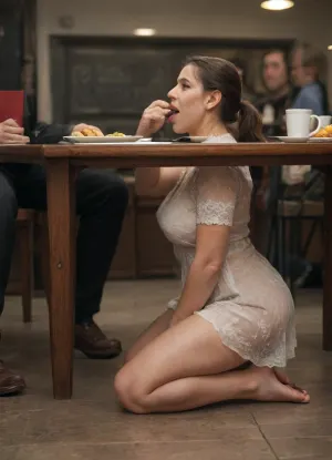 49yo, brunette, plump milf, ponytail, lace dress, transparent dress, barefoot, saggy tits, skin imperfections, blemishes, veins, wrinkles, dark fingernails, dark toenails, dark lipstick, photorealistic, perfect face, profile face, side view, open mouth, (tongue out), blowjob, cafe, public, people, customers, patrons, (kneeling under table:1.9), head between sitting man's legs