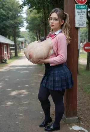 hinata, model, large length hair, pink hair with blonde highlights, long hair, pigtails, messy hair, freckles, thick lips, beautiful hyper big round eyes light blue eyes, wearing a pink shirt, pink tie, pink plaid skirt, shirt button bursting from the size of her huge tits, one nipple is visible, nippleslip, very tight clothes, smooth clothes, looking at viewer, shy, timid, dynamic pose, perfect skin, extremely beautiful face, ultra high details, award winning photo, detailed face, pretty face, detailed eyes, high gap, shiny skin, body, hinata waist, small waist, big hips, full lips, blushing, school bus stop, on the street, trees, cutie, (ultra pale skin:1.3), white skin, very big breasts, 90inch breasts size, titjob, extremely bottom heavy, side view, full body shot, Thai, school, uniform, (cum on breasts:1.5), in a barn, huge equine phallus on her face, collecting cum on her glasses, a supermassive huge penis, (an unimaginably huge equine cock with swollen veins:1.4), (excessive cum on her body:1.3), cum dripping from the black penis, size difference, black equine much taller than woman, perfect skin texture, photorealistic, bukkake, cum, <lora:Super_Eye_Detailer_By_Stable_Yogi_SDPD0:.8>, <lora:MS_Real_XL_Bukkake:.8>