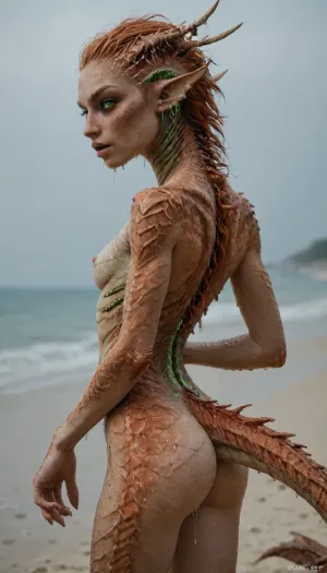 (petite sexy ginger), (sexy infected scaly alien fish woman:1.43), (scaly hybrid fish:1.43), alien, dragon big scales, (scaly body:1.5), scaly face, (dripping wet crotch), (at a beach), (solid green eyes), (fin ears), (fin on spine), beautiful small skinny ass, no-tail, looking at viewer, view from side, standing, sex from the side, sex from behind, on, anthro, feral, (heart-shaped pupils:1.3), (drooling, rolling eyes, moaning), <lora:SDXL_Human_Male_Furry_Female:.8>, scaly, skin, armor, bodysuit, <lora:PAseer-SDXL-YamerRealistic-ScalyBodyhorror:.8>, mhsafi, <lora:MH_SafiJiiva_a1_3_SAXL:.8>, <lora:scifi-horror-000006:.8>, benthic, merfolk, glow, <lora:BenthicMerfolk:.8>