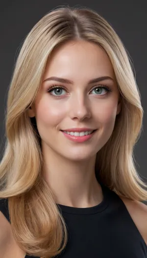 A stylized AI illustration portrait of the same woman shown consistently across multiple angles. She has fair skin, long straight blonde hair parted near the center, and clear light-colored eyes. Her facial features are elegant and well-defined, with a confident, friendly expression and a natural smile. Slim face shape, subtle makeup, and a modern, professional appearance.

Clean digital illustration style with semi-realistic proportions, smooth shading, soft highlights, and refined line work. Modern corporate look, dark or neutral background, soft ambient lighting. High detail, cohesive character consistency, polished and approachable style suitable for professional branding or profile use.