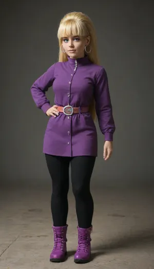 4K, UHD, masterpiece, best quality, (Pacifica Northwest from Gravity Falls:2), solo, Pacifica has long beach blonde hair with bell-shaped bangs and dark blue eyes. Pacifica usually wears a purple jacket with a short lavender dress, a periwinkle belt, and black leggings with off-white boots. She wears, (heavy purple eyeshadow), and lavender hoop earrings. Hourglass figure, busty, Huge tits, huge hips, pleasure face, (confident pose:1.5), close-up