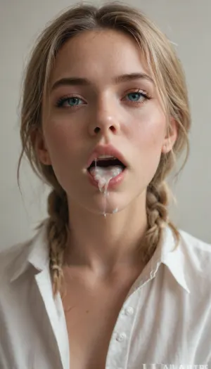 A vertical, intimate portrait of a blonde woman wearing an open white button‑down shirt that she is pulling aside with both hands to reveal her bare torso down to the upper thighs. Her hair is swept back into a neat braided bun. Soft, warm lighting models the contours of her skin and musculature, creating gentle highlights and shadows. The plain, light background and the shirt’s visible pockets keep the composition simple and focused on the figure, the overall feel is quiet and painterly. wide open mouth, (tongue visible), (a lot of cum on the face:1.5), (cum from mouth:1.5)