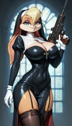 solo, (((furry Lola bunny))), perfect slim body, super detailed huge round breasts, (wearing black long nun dress, black stockings, garterbelt, garters), holding a machine gun, extreme cameltoe