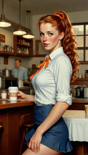 Illustration by Norman Rockwell, sexy young woman perfect body and face, sweet and innocent, long orange curly hair, ponytail, freckles, waitress, coffee shop, ginger, white blouse unbuttoned and small denim skirt, front view, <lora:Dusk_XL_Rockwell_dadapt_cos_1e-7:2>