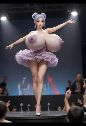 UHD 8K, extreme realism, maximum detail, BBallerina topless, ((gigantic breasts:1.3)), (large purple areolas:1.3), slim, blue neon hair in a bun, hand outstretched, tutu, ((long legs)), ballet, onstage, bright glossy red lips, heavy makeup, full lips