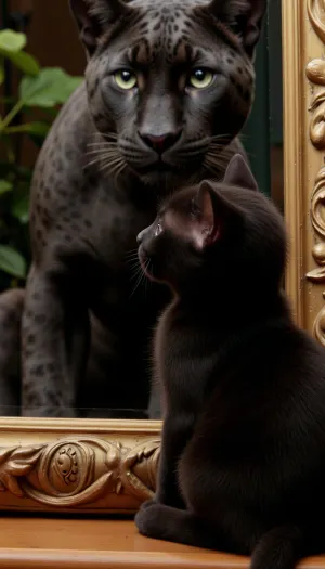 (masterpiece, highest quality, ultra-detailed rendering), (black kitten looks into a richly decorated mirror in a gold frame:1.2), (the mirror reflects an adult black jaguar with bright green eyes:1.6), (kitten and jaguar look into each other's eyes:1.4), (side view of kitten, head turned toward mirror), (reflection shows head and shoulders of large jaguar facing viewer), (soft, diffused lighting:1.1), chiaroscuro, warm ambient glow, (dark, gloomy background, blurred:.9), antique room setting, wooden surface, unobtrusive plant in the background, (out of focus), pensive expression, dramatic composition, realistic fur texture, intricate wood carving, high resolution, photorealism, professional photography, depth of field, natural lighting
