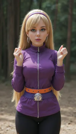 4K, UHD, masterpiece, best quality, (Pacifica Northwest from Gravity Falls:2), solo, Pacifica has long beach blonde hair with bell-shaped bangs and dark blue eyes. Pacifica usually wears an open purple jacket with a short lavender dress, a periwinkle belt, and black leggings with off-white boots. She wears, (heavy purple eyeshadow), and lavender hoop earrings. Hourglass figure, busty, Huge tits, huge hips, pleasure face, (Cocky pose:1.5), close-up