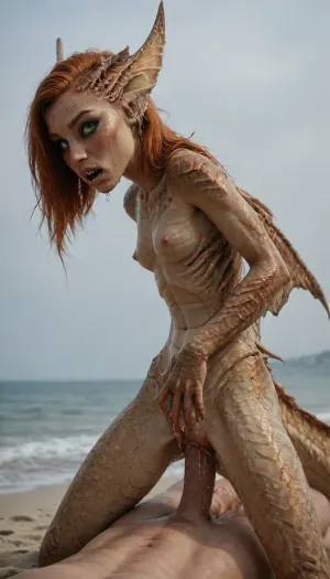 (petite sexy ginger), (sexy infected scaly alien fish woman:1.43), (scaly hybrid fish:1.43), alien, dragon big scales, (scaly body:1.5), scaly face, (dripping wet crotch), (at a beach), (solid green eyes), (fin ears), (fin on spine), beautiful small skinny ass, uprised tail, bent over low, pussy, looking at viewer, view from side, standing, sex from the side, (sex from behind:1.5), vaginal, deep penetration, straddling, on, anthro, feral, (heart-shaped pupils:1.3), (drooling, rolling eyes, moaning), <lora:SDXL_Human_Male_Furry_Female:.8>, scaly, skin, armor, bodysuit, <lora:PAseer-SDXL-YamerRealistic-ScalyBodyhorror:.8>, mhsafi, <lora:MH_SafiJiiva_a1_3_SAXL:.8>, <lora:scifi-horror-000006:.8>, benthic, merfolk, glow, <lora:BenthicMerfolk:.8>
