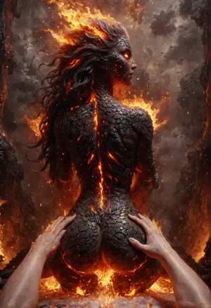 Fire Naked woman with a lizard tail standing, completely covered in silvery scales, large breasts, her breasts are tight and hanging to the floor, the woman is naked. She has a lizard tail, the tail is as long as her body. The tail is raised up. It is covered with scales, the skin is covered with scales, the woman fire has scaly skin the scales are ashy silver, (correct tail positioning), (no missing limbs), (han, yu, long, huang\), ral-embrglt, DonMF1r3y4by55XL, firecd_xl, flmngprsn, <lora:ral-embrglt-sdxl:2>, <lora:DonMF1r3y4by55XL:2>, <lora:firecd_xl-000017:2>, <lora:lora-sdxl-flaming-person:2>, <lora:SG2:2>