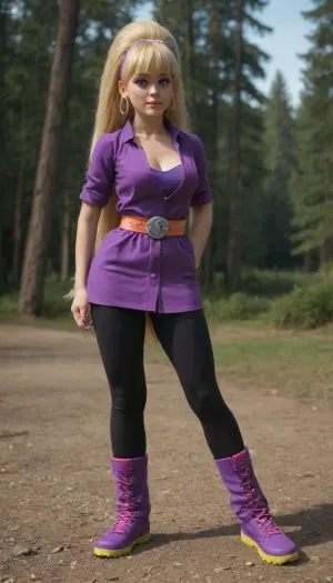 4K, UHD, masterpiece, best quality, (Pacifica Northwest from Gravity Falls:2), solo, Pacifica has long beach blonde hair with bell-shaped bangs and dark blue eyes. Pacifica usually wears a purple jacket with a short tight lavender dress, a periwinkle belt, and black leggings with off-white boots. She wears, (heavy purple eyeshadow), and lavender hoop earrings. Hourglass figure, busty, Huge tits, huge hips, pleasure face, (sexy confident pose:1.5), close-up