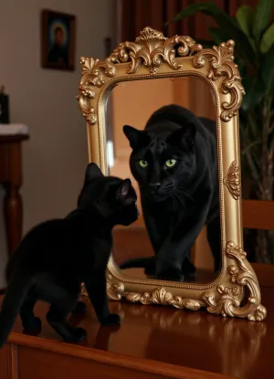 (masterpiece, highest quality, ultra-detailed rendering), (black kitten looks into a richly decorated mirror in a gold frame:1.2), (the mirror reflects an adult black jaguar with bright green eyes:1.6), (kitten and jaguar look into each other's eyes:1.4), (side view of kitten, head turned toward mirror), (reflection shows head and shoulders of large jaguar facing viewer), (soft, diffused lighting:1.1), chiaroscuro, warm ambient glow, (dark, gloomy background, blurred:.9), antique room setting, wooden surface, unobtrusive plant in the background, (out of focus), pensive expression, dramatic composition, realistic fur texture, intricate wood carving, high resolution, photorealism, professional photography, depth of field, natural lighting