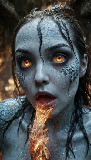 Fire Naked woman with a lizard tail standing, completely covered in silvery scales, large breasts, her breasts are tight and hanging to the floor, the woman is naked. She has a lizard tail, the tail is as long as her body. The tail is raised up. It is covered with scales, the skin is covered with scales, the woman fire has scaly skin the scales are ashy silver, (correct tail positioning), (no missing limbs), (han, yu, long, huang\), ral-embrglt, DonMF1r3y4by55XL, firecd_xl, flmngprsn, <lora:ral-embrglt-sdxl:2>, <lora:DonMF1r3y4by55XL:2>, <lora:firecd_xl-000017:2>, <lora:lora-sdxl-flaming-person:2>, <lora:SG2:2>
