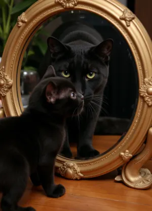 (masterpiece, highest quality, ultra-detailed rendering), (black kitten looks into a richly decorated mirror in a gold frame:1.2), (the mirror reflects an adult black jaguar with bright green eyes:1.6), (kitten and jaguar look into each other's eyes:1.4), (side view of kitten, head turned toward mirror), (reflection shows head and shoulders of large jaguar facing viewer), (soft, diffused lighting:1.1), chiaroscuro, warm ambient glow, (dark, gloomy background, blurred:.9), antique room setting, wooden surface, unobtrusive plant in the background, (out of focus), pensive expression, dramatic composition, realistic fur texture, intricate wood carving, high resolution, photorealism, professional photography, depth of field, natural lighting