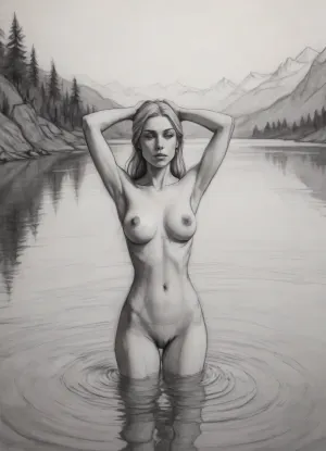 (vex from skyrim, naked, 30 year old, scandinavian, long blonde hair, small breasts, sexy slim body), (bathing pose in a big lake, hands behind or above head, watery body, breasts not visible), (rear view, back view, view from behind, looking away face not visible), pencil sketch, black and white, high contrast, (Pencil_Sketch:1.2), sketch, (texture), pencil, contour, drawing, <lora:EldritchContour_0.9:.1>