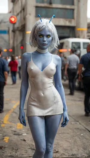 Gorgeous Star Trek Andorian Starfleet officer standing on a transporter platform, (blue skin, white hair, straight elongated blue antennae that extend straight upward from her forehead:1.6), view from thighs up, key focus, confident smile, 8K, startrek, longsleeve, minidress, braless, Wearing, clothes, that, make, sense, with, Braless>, 4ng3l, face, <lora:MJ52:2>, <lora:add-detail-xl:2>, <lora:StarTrek1024:1>, <lora:bralessSDXL_v1_00022:1>, <lora:SDXL_BetterFaces-LoRA_v1:1.2>