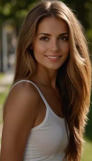 35 yo girl, very flirty pose, sideview, ((girl next door)), pretty, natural beauty, smaller breasts, ((cute but average appearance:1.3)), ((cute)), ((tan skintone:1.2)), very flirty smile, showing teeth, ((unkempt hair)), ((straight hair:1.3)), ((symmetrical hair:1.5)), ((perfect hair:1.5)), ((light brown bright hair)), ((very cute average youthful face:1.5)), outside, photorealistic, ((perfect composition)), ((perfect contrast:1.5)), ((perfectly balanced exposure:1.5)), ((perfect focus:1.5)), ((extremely realistic detailed lighting:1.5)), ((extremely realistic detailed shadows:1.5)), ((extremely detailed:1.3)), ((extremely high resolution:1.3)), ((16K UHD:1.5)), ((extremely realistic detailed skin texture:1.5)), ((extremely realistic detailed skinpores:1.5)), ((extremely realistic detailed face:1.5)), ((extremely realistic detailed eyes:1.5)), ((extremely realistic detailed hair:1.5)), focus on eyes, ((fully clothed:1.5)), random colored clothing, ((beautiful stylish clothing:1.5)), ((detailed clothing:1.5)), ((detailed environment:1.5)), Sweet_Sticky_xl-01