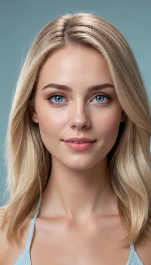 A stylized AI illustration portrait of a woman with fair skin and long, straight blonde hair parted near the center. She has light blue eyes, well-defined eyebrows, and a confident, friendly smile. Her face is slim with elegant, balanced features and a modern, professional appearance. Subtle natural makeup, clean skin tones, and a calm, approachable expression.

Semi-realistic digital illustration style with smooth shading, soft highlights, refined details, and a slightly painterly finish. Neutral or dark blurred background, soft studio lighting, high facial focus. Polished, modern look suitable for professional profile, branding, or website use.