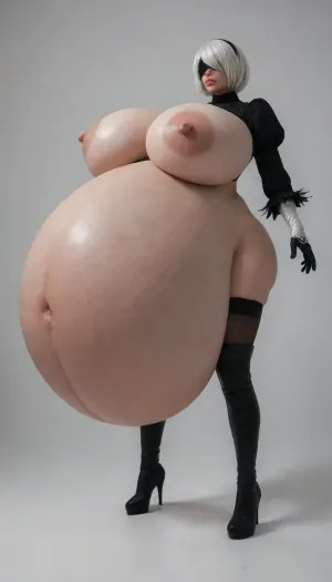Yorha 2b from nier automata, 2b, 2b cosplay, standing, ((3/4 view)), ((extremely pregnant)), (((((gigantic pregnant belly))))), long belly, belly reaching the floor, serious, black blindfold covering both eyes, (((huge gigantic breasts))), simple background, 2B_Nier_Automata_1024, <lora:2B_Nier_Automata_1024:.4>