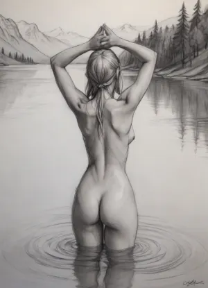 (vex from skyrim, naked, 30 year old, scandinavian, long blonde hair, small breasts, sexy slim body), (bathing pose in a big lake, hands behind or above head, watery body, breasts not visible), (rear view, back view, view from behind, looking away face not visible), pencil sketch, black and white, high contrast, (Pencil_Sketch:1.2), sketch, (texture), pencil, contour, drawing, <lora:EldritchContour_0.9:2>
