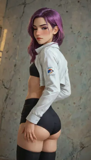 Andava, Andavaverse, Angelia Turns Around To Catch You Looking.

ANGELIA PELO ROTH, Italian-Korean, petite woman, Height 5'3, A confident young woman with wavy shoulder-length hair dyed in rich two-tone purple with slight magenta-highlights, parted slightly to the side, bright grey eyes, left eyebrow piercing. She has a toned body, small breasts, athletic midriff exposed. She's wearing black bandeau, Cropped jacket, white jacket, open jacket, Booty shorts, Thigh boots, She accessorizes with a black choker around her neck, a thick black sweatband on one wrist, Her expression is confident and playful, slightly smug or teasing.The aesthetic is alt-girl, modern streetwear with punk/grunge influence.

perfect anatomy, best quality, 8k, insane details, intricate details, hyperdetailed, hyper quality, ultra detailed, professional, HDR, ray tracing reflection, cinematic lighting, highlydetailedbody, realisticface, highlydetailedhair, perfectfingers, insanelydetailed, 8K.highdetailedskin, highresolution, (j_cartoon:1.5), Drawing, uberfit, muscular, athletic, bellap, <lora:bellap:2>, <lora:detailed_notrigger:2>, <lora:samdoesarts1.1-000030:.4>, <lora:J_cartoon:.3>, <lora:Animated_Concept:.4>