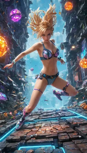 A woman mid-leap, frozen in a dramatic pose above a cracked platform shaped like a giant game controller. Her body twists with impossible agility—one arm outstretched, clutching a glowing pixel-blade shaped like a USB stick, the other braced behind her, fingers sparking with glitch energy. Her armor is a chaotic blend of genres, shoulder pads made from stacked arcade tokens, a chestplate emblazoned with a distorted leaderboard, and leggings patterned with scrolling cheat codes. Her hair arcs behind her in gravity-defying strands, half rendered in blocky voxel chunks, half shimmering like ray-traced silk.

The background is a surreal battlefield, a giant rubber duck mech looms to the left, firing laser beams shaped like exclamation marks, to the right, a swarm of angry mushrooms with boxing gloves bounce toward a flaming loot chest. Above her, the sky is a corrupted loading screen—half blue sky, half frozen error message—while floating platforms shaped like pizza slices hover in formation. A health bar hovers overhead, flickering between “FULL” and “???”.

Beneath her, the terrain fractures into absurdity, one section is made of cracked lava tiles, another of rainbow-colored keyboard keys, and a third of twitching eyeballs wearing VR headsets. Her expression is wild and focused, eyes glowing with HUD overlays—targeting reticles, minimaps, and a flashing “PRESS X TO WIN” prompt., (nudity:1.5), (big breasts:1.1), (anime style:1.5)