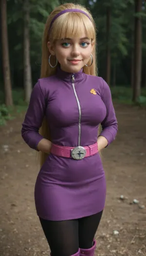 4K, UHD, masterpiece, best quality, (Pacifica Northwest from Gravity Falls:2), solo, Pacifica has long beach blonde hair with bell-shaped bangs and dark blue eyes. Pacifica usually wears a purple jacket with a short tight lavender dress, a periwinkle belt, and black leggings with off-white boots. She wears, (heavy purple eyeshadow), and lavender hoop earrings. Hourglass figure, (busty:1.4), Huge tits, huge hips, pleasure face, (lewd pose:1.7), close-up