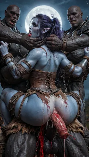((female drow elf barbarian, (dark night blue skin:1.82), tall, angry, busty, curvy, thin waist, big boobs, big butt, slim, fit, vitiligo, strong, fur pelt armor, dungeons and dragons, purplish blue skin, black and purple hair)), Dark, Elf, Warrior, Drow, tattooed, scarred, purple eyes, blue skin, amazon, giant, fur barbarian armor, bloody, blood spatter, bear, bear heart, (in a bloody filed after a battle, white full moon in the sky:1.4), (man is choking her from behind:1.4), ((hogtied, bound with large chains, tied to a torture table:1.3)), cock in mouth, (brutal face fuck), Blowjob, (tears in eyes:1.5), (running makeup), (cum drips from nose:1.3), (cum drips from mouth:1.3), ultra hd, photorealistic, hyper gigantic large black cock in mouth, (((hyper gigantic large black cock in mouth:1.3))), oral cream pie, hair grab, sad, sad crying, tongue out, gasping for air, zavy-brbrn, gangbang, double anal penetration, anal spitroast, groupsex, deepthroat, (4 gigantic African black brute thug, huge trunklike arms, huge head, hyper muscular body, dressed in slave clothes:1.36), (gigantic African black brute thug, gangbang, double anal, anal spit roast, double penetration:1.14), ((hogtied, bound for sex, tied up)), (((hyper gigantic large white cock in mouth:1.3))), (pulled nipples:1.2), nipple clamps, (((spit roast))), (((hyper large cock in mouth:1.3))), screaming, shocked, deep anal penetration, Uber realistic, 8k, ultra detailed, masterpiece, 35mm photograph, film, professional, 4k, 1girl, 5 boys, hdr, photographic, ultra realistic, ultra high details, back light, (front view), (dynamic pose), best quality, anal sex, with large muscular black men, gargantuan black cocks, anal sex expansion, large hyper muscular fat old men, (double anal sex), swollen white veiny cocks, (double anal penetration), hardcore double penetration, proper physics, big white cocks, muscular white double anal gangbang, (forceful penetrations), extremely graphic, shocked expression, beautiful hands, massive cum in ass defeating a woman in combat, fighting, killing, blood, winning fight, magazine cover, Realism_Quality_2xx_By_Stable_Yogi, score_9, score_8_up, score_7_up, (((very pretty face:1.3))), (((extremely ultra detailed face:1.3))), perfect fingers and hands, upper body view, (extreme size difference:1.6), (ultra realistic), (maximum quality), (high resolution), (extreme detail), (ultra realism), UHD, super high quality, highly detailed, high resolution, perfect lighting, natural lighting, (dynamic angle), (random angle), (random pose), (dynamic view), (random view), volumetric lighting, golden hour lighting, dramatic shadows, nature-inspired color palette, <lora:Dark_Elf_Warrior:2>, <lora:Drow:2>, <lora:zavy-brbrn-sdxl:2>, <lora:LCMTurboMix_Euler_A_fix:2>
