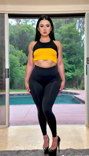 28 yo black hair woman, venus bulge in leggins, wearing black leggins, lower face piercing, standing, small breasts, wide hips, thick thighs, wearing no bra, no top, black high heels, full face visible, Stable-Yogis-Makeup-Enhancer-XL