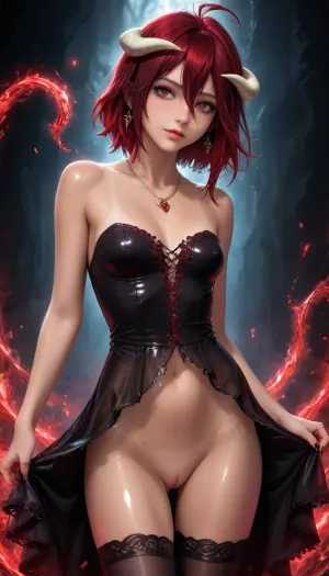 reiq meets markgavatino and melkor mancin artstyle, (girl, long red hair, small petite body, skinny), (long Textured Haircut), (Ruby Rose Hairstyle), (heterochromia, multicolored eyes), (170cm high), (slim, fit, physique), (edgy style), (dark nails), (silver necklaces and earrings), (tattoos), (tattoos 50% body), (small breasts), (perky breasts), (flat stomach), (small ass), (round ass), (firm ass), (toned legs), (lean legs), (feminine legs), (Erotic pose slightly sideways), looking at viewer seductively, thin, narrow waist, beautiful face, golden armor, goddess, little tits, fantasi, gothic, dark fantasy, white, golden, (Dynamic pose, hands behind your back), (glossy oiled skin:1.9), (Tan lines:1.5), (in super sexy very lace transparent underwear red colour), pussy no panties under dress, (A part of the silk dress lies sexy between the legs), (red, ruby, black, multicoloured silk fabric, very transparent fabric), UHD 8K, extreme realism, High skin texture, maximum detail, Gothic girl, charming girl, looking directly at the viewer, a light inviting smile, slender figure, (Demonic horns, Elegant elf ears), black+red Long satin transparent dress, dress with ragged edges, beautiful elastic ass, sexy feminine hips, sexy legs, small breasts, black sexy lace stockings, torn stockings, red glowing pupils, all in black+red shades, Multicolour Ruby Rose Hairstyle, black+red eyes, black+red makeup, black+red jewelry, black+red glowing background, multicolour glossy black+red, albedo_, (overlord), dress, zavy-splsh, paint, splash, water, flat, chested, <lora:EnvyZoomSliderXL01:2>, <lora:scarlem:1>, <lora:xl_water_dress-1.0:1>, <lora:zavy-splsh-sdxl:1>, <lora:flat_chested_v3.5:1>