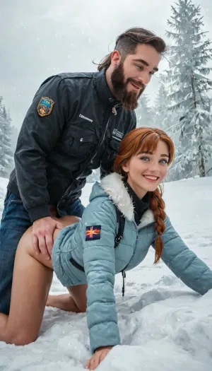 beautiful, (24yo Russian woman:1.2), female reporter outfit, smiling at camera, reporting live, frozen river ice, (bearded fisherman:1.1), thick beard, winter clothes, anal sex position, doggy style rear entry, snow background, cold fog, realistic photo, high detail, (sharp focus:1.3), natural lighting.