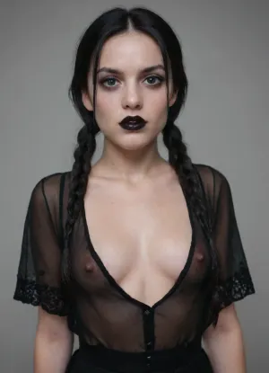 (detail Wednesday Addams face), very long dark nipples, young adult girl 18 years old, horny, straight black hair long platted pigtails, (goth white pale skin:1.2), (black lipstick:1.3), perfect skin, beautiful face, high details, looking at viewer, award winning photo, extremely skinny, detailed eyes, (poking nipples), seductive girl, erect nipples under clothes, erect nipples, black eyes, detailed clitoris, see through, w3dn3sd4y, longnips, puffy, nipples, dark, ghost, wide, <lora:Wednesday-Jenna SDXL1.0:.5>, <lora:longnipsxl:.8>, <lora:Nipples XL:.8>