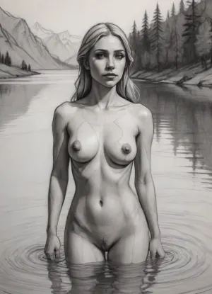 (vex from skyrim, naked, 30 year old, scandinavian, long blonde hair, detailed face, small breasts, sexy slim body), (bathing pose in a big lake, hands behind head, watery body, breasts not visible), (rear view, back view, view from behind, looking away face not visible), pencil sketch, black and white, high contrast, (Pencil_Sketch:1.2), sketch, (texture), pencil, contour, drawing, <lora:EldritchContour_0.9:.1>