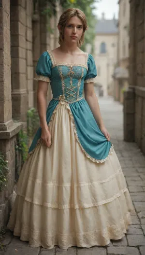 Solo, male, male in a dress, crossdressing male, male crossdressing, male link, man, male torso, male body, link from legend of zelda, fully clothed, european princess, victorian princess, puffy lips, male link wearing beautiful princess dress, princess dress, green dress, old timey style princess dress, large hoopskirt, wide hoopskirt, extremely poofy skirt, blushing, embarrassed expression, fantasy background, standing