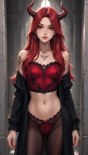 reiq meets markgavatino and melkor mancin artstyle, Beautiful bionic tattooed neon red- long haired neon red-eyed dragonid girl in full body, ruby lace panties, demon horns, flat, chested, <lora:EnvyZoomSliderXL01:2>, <lora:flat_chested_v3.5:1>, <lora:DetailedEyes_V3:2>, <lora:Mecha_Ggorgeous_Armor-000011:.8>