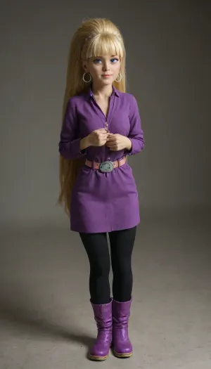 4K, UHD, masterpiece, best quality, (Pacifica Northwest from Gravity Falls:2), solo, Pacifica has long beach blonde hair with bell-shaped bangs and dark blue eyes. Pacifica usually wears a purple jacket with a short lavender dress, a periwinkle belt, and black leggings with off-white boots. She wears, (heavy purple eyeshadow), and lavender hoop earrings. Hourglass figure, busty, Huge tits, huge hips, pleasure face, (extremely confident pose:1.5), close-up