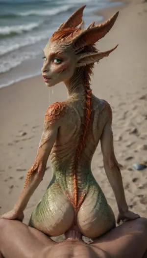 (petite sexy ginger), (sexy infected scaly alien fish woman:1.43), (scaly hybrid fish:1.43), alien, dragon big scales, (scaly body:1.5), scaly face, (dripping wet crotch), (at a beach), (solid green eyes), (fin ears), (fin on spine), beautiful small skinny ass, uprised tail, bent over low, pussy, looking at viewer, view from side, standing, sex from the side, (sex from behind:1.5), vaginal, deep penetration, pov view from above, straddling, on, anthro, feral, (heart-shaped pupils:1.3), (drooling, rolling eyes, moaning), <lora:SDXL_Human_Male_Furry_Female:.8>, scaly, skin, armor, bodysuit, <lora:PAseer-SDXL-YamerRealistic-ScalyBodyhorror:.8>, mhsafi, <lora:MH_SafiJiiva_a1_3_SAXL:.8>, <lora:scifi-horror-000006:.8>, benthic, merfolk, glow, <lora:BenthicMerfolk:.8>