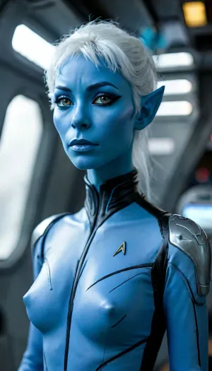Stunning Star Trek Andorian Starfleet officer standing confidently on a transporter platform. She has vibrant blue skin, striking white hair, and prominent blue antennae that curve gracefully above her forehead. The officer is wearing a detailed Starfleet uniform that complements her unique appearance. Emphasize her facial features to highlight her alien characteristics and the texture of her skin. Ensure the scene captures a dynamic pose with a key focus on her, rendering in 8K resolution for high detai, but, braless, Wearing, clothes, that, make, sense, with, Braless>, <lora:MJ52:2>, <lora:add-detail-xl:2>, <lora:BUT_SDXL_SHS:1>, <lora:bralessSDXL_v1_00022:1.6>