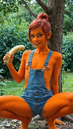 garden, sunny day, underboob, 30 yo monkey-girl, furry, black fur all over, (anthropomorphic monkey), red hair, hair up, monkey tail, small sagging deflated breasts, (flat chested), (loose fitting dirty denim overalls with big front pocket), holding overall straps, eating a banana, pealed ripe banana, squatting high in a tree, (detailed face and eyes), monkey fangs, (one overall strap is unhooked exposing only one of her boobs), one strap hanging down, no shirt, topless, naked breasts, anthro, (/Ben10), /, (ultra, HD, quality, details), (green, eyes)