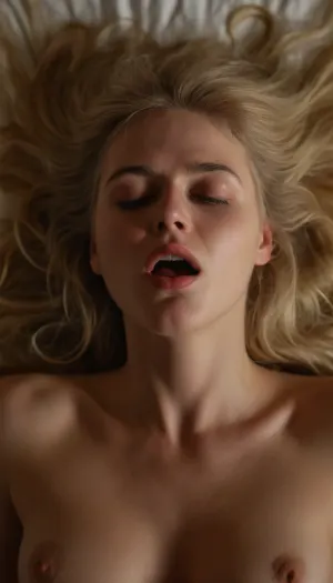 ziprealism, (woman, intimate face portrait, sharp focus on eyes:1.2), (heart-shaped face:1.2), (striking pale blue eyes:1.1), (pale breasts, soft breasts, small breasts:1.4), (on bed, on back, view from above), (ash-blonde hair, long hair, loose strands of hair, messy hair:1.2), (beautiful agony, orgasm face, hard orgasm:1.6), (full lips, bliss, extreme pleasure, slight overbite, mild surprise), (soft warm ambient lighting, golden hour glow, intimate atmosphere)