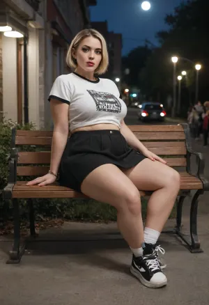 (Altona), Emo, best quality, highres, people in the background, night, (1female), chubby 18 years old female, posing on a bench, skirt, sneakers, (blonde short hair), pink lipstick