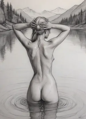 (vex from skyrim, naked, 20 year old, scandinavian, long blonde hair, small breasts, sexy slim body), (bathing pose in a big lake, hands on head, watery body, breasts not visible), (rear view, back view, view from behind, looking away face not visible), pencil sketch, black and white, high contrast, (Pencil_Sketch:1.2), sketch, (texture), pencil, contour, drawing, <lora:EldritchContour_0.9:.1>