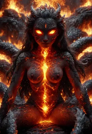 Fire Naked woman with a lizard tail standing, completely covered in silvery scales, large breasts, her breasts are tight and hanging to the floor, the woman is naked. She has a lizard tail, the tail is as long as her body. The tail is raised up. It is covered with scales, the skin is covered with scales, the woman fire has scaly skin the scales are ashy silver, (correct tail positioning), (no missing limbs), (han, yu, long, huang\), ral-embrglt, DonMF1r3y4by55XL, firecd_xl, flmngprsn, <lora:ral-embrglt-sdxl:2>, <lora:DonMF1r3y4by55XL:2>, <lora:firecd_xl-000017:2>, <lora:lora-sdxl-flaming-person:2>, <lora:SG2:2>