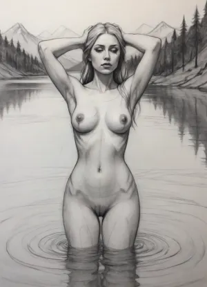 (vex from skyrim, naked, 20 year old, scandinavian, long blonde hair, small breasts, sexy slim body), (bathing pose in a big lake, hands on head, watery body, breasts not visible), (rear view, back view, view from behind, looking away face not visible), pencil sketch, black and white, high contrast, (Pencil_Sketch:1.2), sketch, (texture), pencil, contour, drawing, <lora:EldritchContour_0.9:.1>