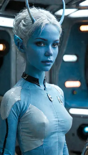 Gorgeous Star Trek Andorian Starfleet officer standing on a transporter platform, (blue skin, white hair, straight elongated blue antennae that extend straight upward from her forehead:1.6), view from thighs up, key focus, confident smile, 8K, startrek, longsleeve, minidress, braless, Wearing, clothes, that, make, sense, with, Braless>, 4ng3l, face, <lora:MJ52:2>, <lora:add-detail-xl:2>, <lora:StarTrek1024:1>, <lora:bralessSDXL_v1_00022:1>, <lora:SDXL_BetterFaces-LoRA_v1:1.2>