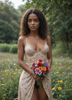 beautiful, sexy, black skin African, erotic, 30 year old, reddish hair, long hair, (African girl collecting wild flowers outside:1.3), floral meadow, holding bouquet of willd flowers, flowers in hand, mesium breasts, wide opened dress, exsposing breasts, baterfly, nude, hairy pussy, erotic photo, <lora:SDXLHighDetail_v6-000005:.9>