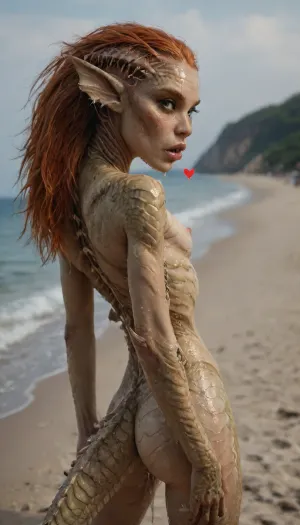 (petite sexy ginger), (sexy infected scaly alien fish woman:1.43), (scaly hybrid fish:1.43), alien, dragon big scales, (scaly body:1.5), scaly face, (dripping wet crotch), (at a beach), (solid green eyes), (fin ears), (fin on spine), beautiful small skinny ass, no-tail, looking at viewer, view from side, standing, sex from the side, sex from behind, on, anthro, feral, (heart-shaped pupils:1.3), (drooling, rolling eyes, moaning), <lora:SDXL_Human_Male_Furry_Female:.8>, scaly, skin, armor, bodysuit, <lora:PAseer-SDXL-YamerRealistic-ScalyBodyhorror:.8>, mhsafi, <lora:MH_SafiJiiva_a1_3_SAXL:.8>, <lora:scifi-horror-000006:.8>, benthic, merfolk, glow, <lora:BenthicMerfolk:.8>