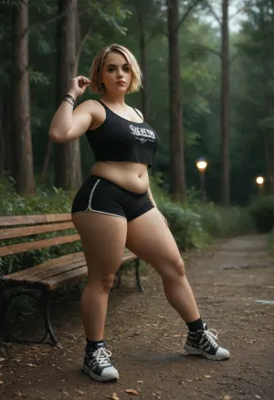 Emo, best quality, highres, dark background, forest path, night, (1female), chubby 18 years old female, posing on park bench forest path, in forest, wearing sneakers, (blonde short hair in), pink lipstick, seethru, detailxl, <lora:seethruv3_SDXL:.8>, <lora:add-detail-xl:.8>, <lora:MJ52:.8>